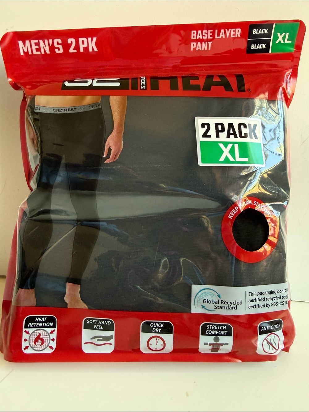 32 Degrees Men's 2-Pack Base Layer Pants - Black (XL)